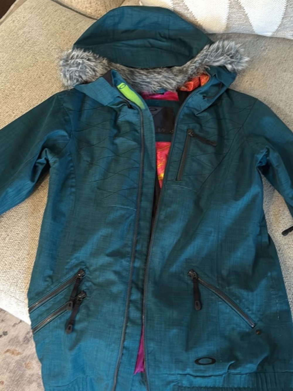 Oakley Teal Hooded Ski Jacket with Faux Fur Trim